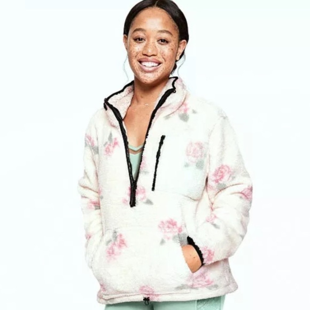 VICTORIAS SECRET PINK white with roses sherpa pullover